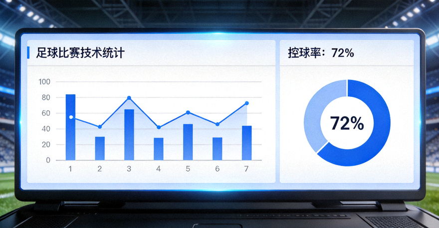 屏幕上的足球比赛技术统计图表与控球率数据可视化